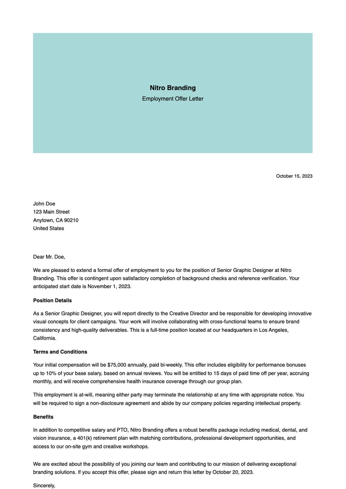 Formal employment offer letter from Nitro Branding with detailed terms and benefits_variant_1